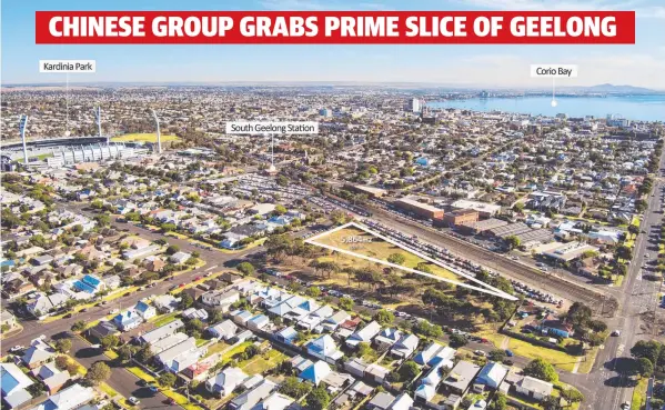  ??  ?? SOLD: The triangular property (marked) is within walking distance of South Geelong train station, GMHBA Stadium and Corio Bay.