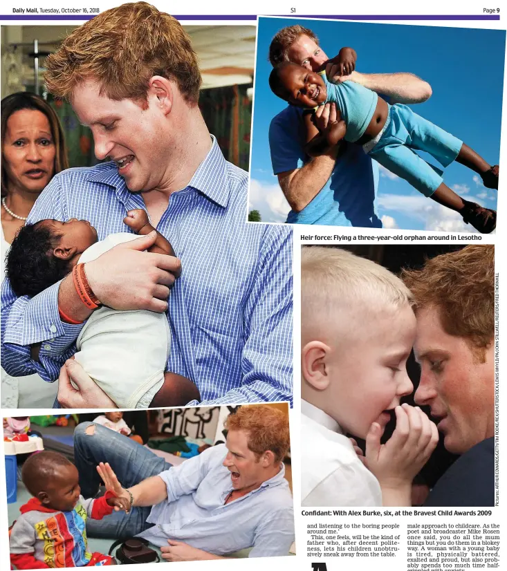  ??  ?? Fun guy: High-fiving a tot in Lesotho in 2008 and, top, cradling a baby in Barbados Heir force: Flying a three-year-old orphan around in Lesotho