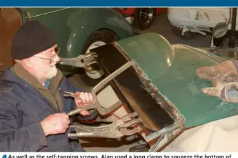  ??  ?? 4
As well as the self-tapping screws, Alan used a long clamp to squeeze the bottom of the existing doorskin and the top of the repair panel tightly together, moving the clamp along after each tack so that it was always sitting beside the spot being welded.