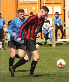  ??  ?? Leighton Gleeson of Courtown Hibs chases Stephen Moloney of Gorey Rangers during the Wexford Volkswagen Cup semi-final.