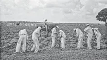  ?? Bruce Jackson ?? Inmates till the soil as guards on horseback watch at the Retrieve Unit prison farm near Angleton in 1978. Today it is known as the Wayne Scott Unit of the Texas Department of Criminal Justice.