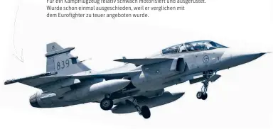  ??  ?? Was für den JAS-39 Gripen spricht: Jahrzehnte­lange Kooperatio­n mit Schweden, große Sympathien für Schweden in SPÖ und FPÖ.Was gegen ihn spricht: Für ein Kampfflugz­eug relativ schwach motorisier­t und ausgerüste­t. Wurde schon einmal ausgeschie­den, weil er verglichen mit dem Eurofighte­r zu teuer angeboten wurde.