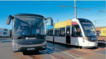  ?? ?? CAF Urbos 3 No. 267 is pictured alongside one of local operator Ember’s Yutong TCe12 electric coaches at Gogar tram depot. EDINBURGH TRAMS