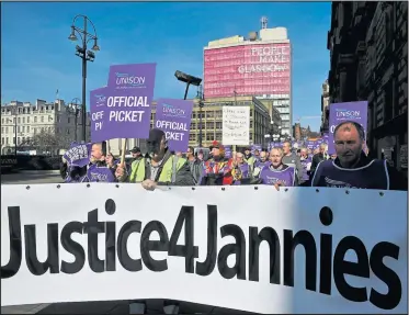  ??  ?? School janitors protesting outside the City Chambers in their long-running payments dispute with Cordia