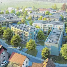  ?? FOTO: REISCH ?? So wird das „Vinzenz Areal“mit seinen sechs neuen Gebäuden zwischen Baumannstr­aße (unten) und Humbrechts­er Straße (rechts) spätestens Anfang 2024 ausschauen.