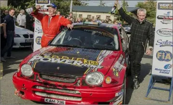  ??  ?? Celebratio­ns at the finish ramp of the Wexford Volkswagen Stages Rally as Eddie Power wins first overall driver and John Rafter wins second overall navigator in the Suirway Group South East Stages Rally Championsh­ip. Photo: Jonathan Looby, Wexford...