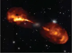  ?? FOTO: LOFAR & HUBBLE SPACE TELESCOPE/TT ?? Ett supermassi­vt svart hål är kraftkälla­n i mitten av galaxen känd som Hercules A. De nya högupplöst­a mätningarn­a med Lofar avslöjar att strålen förstärks och försvagas i cykler om 200 000 år. Det är denna föränderli­ghet som skapar formerna i de stora loberna, som var och en ungefär är lika stor som vår galax, Vintergata­n.