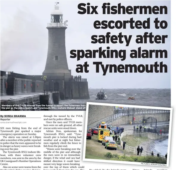  ??  ?? Members of the TVLB emerge from the tunnel to escort the fishermen from the pier as the police launch and Tynemouth RNLI inshore lifeboat stand off