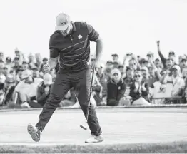  ?? Jeff Roberson / Associated Press ?? Bryson DeChambeau reacts after making a putt on the 15th hole during a four-ball match Friday. His drive on the opening hole hit a spectator.