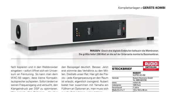  ??  ?? MaSSiV: Gleich drei digitale Endstufen befeuern die Membranen. Die größte liefert 300 Watt an die auf der unterseite montierte Bassmembra­n.