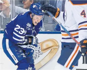  ?? RICK MADONIK TORONTO STAR ?? Leafs defenceman Travis Dermott left in the third period of Wednesday night’s win over the Oilers after a hard hit, and is now out week-to-week with a left shoulder injury.