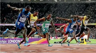  ??  ?? Justin Gatlin, far left, stormed home to beat compatriot Christian Coleman and Usain Bolt in a memorable final.