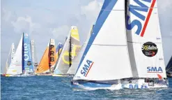  ?? — AFP ?? LES SABLES D’OLONNE: French skipper Paul Meilhat sails on his Class Imoca monohull “SMA” at the start of the Vendee Globe around-the-world solo sailing race, yesterday off les Sables d’Olonne, western France.