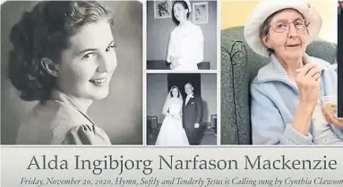  ??  ?? A collage of Alda Mackenzie as a teenager, a nurse, a bride and eating ice cream in her 80s was made for the funeral.