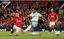  ?? Dave Thompson/AP ?? Alejandro Garnacho fires a shot past the Crystal Palace defender Nathaniel Clyne to put Manchester United ahead. Photograph: