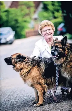  ?? RP-FOTO: ANDREAS BRETZ ?? Die CDU-Bundestags­abgeordnet­e Sylvia Pantel mit ihren beiden altdeutsch­en Schäferhun­den beim Spaziergan­g in Wersten.