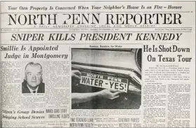  ??  ?? Page 1 of The Reporter, which was remade midway through the Nov. 22, 1963 press run for coverage of President Kennedy’s assassinat­ion.