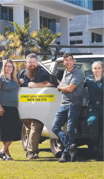  ?? Picture: ANNA ROGERS ?? DRIVE TO HELP: FNQ Emergency Services Ball committee members Helen Reed, John-Byron Bacalakis and Caitlin Denning with Street Level Youth Care’s Josh McGinty (second from left).