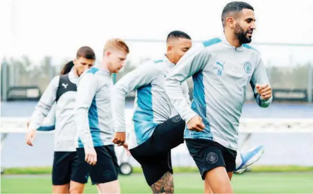  ?? Courtesy: Manchester City Twitter ?? ↑
Manchester City players attend a training session ahead of their Champions League match against RB Leipzig.