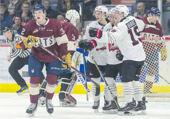  ?? MICHAEL BELL/FILES ?? The Moose Jaw Warriors have had a lot to celebrate while winning all four meetings with the Regina Pats this season. The Warriors are currently ranked No, 2 in the CHL.