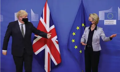  ??  ?? ‘If I had to alight on the definig characteri­stic of the old Johnson charm I’d plump for “doesn’t travel well”.’ Boris Johnson and Ursula von der Leyen in Brussels on Wednesday. Photograph: Aaron Chown/AFP/Getty Images