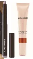  ?? ?? Ready in one, two, three: Get French chic fast with Laura Mercier Caviar Eyeshadow Stick, Tinted Moisturize­r Blush and High Vibe Lip Color.