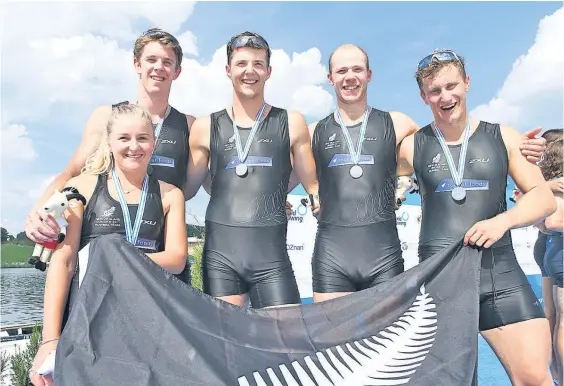  ?? Photo / Rowing New Zealand ?? Hawke’s Bay’s Ed Laver (second from right) with (from left) cox Natalie Bocock, Ben Taylor, Sam Jones and Angus McFarlane.