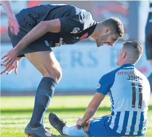  ?? Picture: SNS Group. ?? Dundee’s Ryan Inniss makes his feelings known to Kilmarnock’s Jordan Jones after the penalty award.