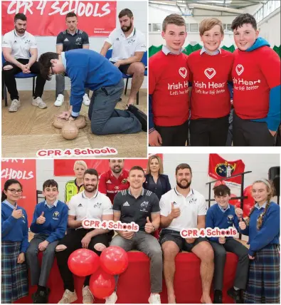  ??  ?? Some of the scenes at Coláiste Íde agus Iosef in Abbeyfeale last week when Munster Rugby stars Rhys Marshall, Sam Arnold and Andrew Conway got a first class demonstrat­ion in the students’ mastery of life-saving CPR.