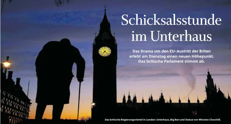  ??  ?? Das britische Regierungs­viertel in London: Unterhaus, Big Ben und Statue von Winston Churchill.