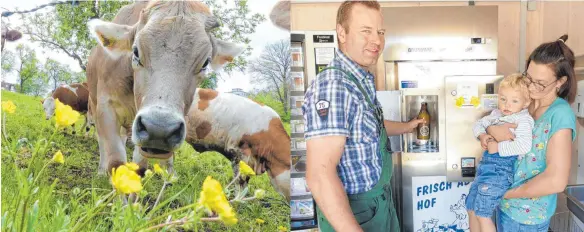  ?? FOTO: MARKUS LEHMANN ?? Vom „Erzeuger“auf der Weide zum Milchautom­at sind es nur ein paar Meter. Hier kann man frische Weidemilch zapfen. Das geht ganz einfach, zeigen Richard und Hannah Klopfer.