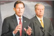  ?? Jim Watson / Contribute­d photo ?? Sen. Richard Blumenthal, D-Conn., left, and Sen. Lindsey Graham, R-S.C., explain Extreme Risk Protection Orders on Capitol Hill on Thursday.