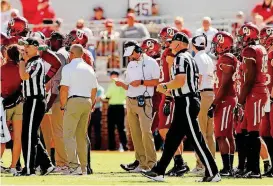  ?? [PHOTO BY STEVE SISNEY, THE OKLAHOMAN] ?? Like his counterpar­t at Texas, Oklahoma coach Lincoln Riley faces high stakes Saturday in the Red River Rivalry. But a week after a stunning loss to Iowa State, Riley could use a win much more than Tom Herman.