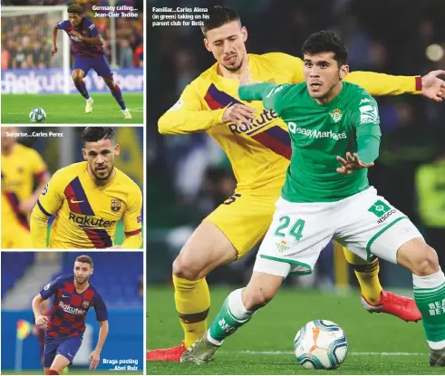  ??  ?? Surprise...Carles Perez
Germany calling... Jean-Clair Todibo
Braga posting ...Abel Ruiz
Familiar...Carles Alena (in green) taking on his parent club for Betis