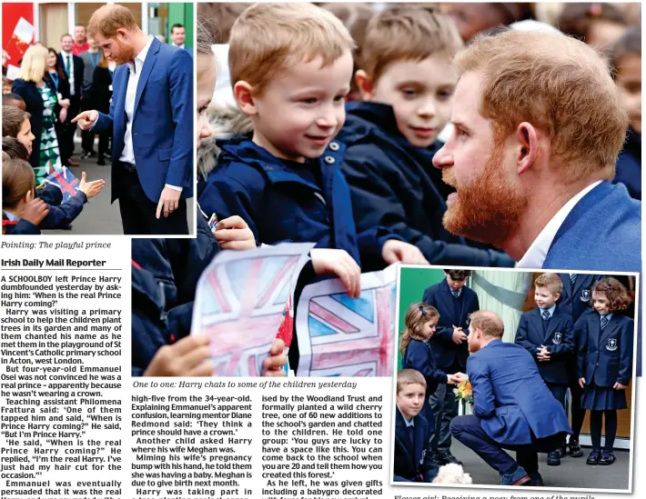  ??  ?? Pointing: The playful prince One to one: Harry chats to some of the children yesterday Flower girl: Receiving a posy from one of the pupils