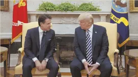  ?? AP PHOTO ?? UP NEXT? President Trump meets with Italian Prime Minister Giuseppe Conte in the Oval Office yesterday. Trump said yesterday that he’d ‘certainly meet’ Iranian President Hassan Rouhani after a Twitter clash.