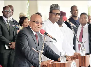  ??  ?? President Jacob Zuma with Nigerian President Muhammud Buhari at the state visit to Nigeria in May. Although Zuma was accompanie­d by a business delegation, there was no mention made of their level.