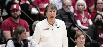  ?? JEFF CHIU / AP ?? Stanford head coach Tara VanDerveer reacts during the first half of the team’s second-round college basketball game in the women’s NCAA Tournament against Iowa State in Stanford, Calif., on March 24.