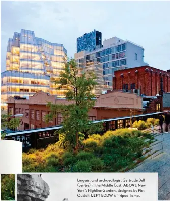  ??  ?? Linguist and archaeolog­ist Gertrude Bell (centre) in the Middle East. ABOVE New York’s Highline Garden, designed by Piet Oudolf. LEFT BDDW’s ‘Tripod’ lamp.