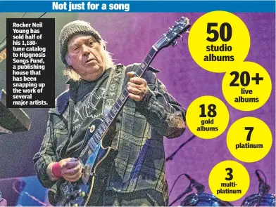  ??  ?? Rocker Neil Young has sold half of his 1,180tune catalog to Hipgnosis Songs Fund, a publishing house that has been snapping up the work of several major artists. Not just for a song