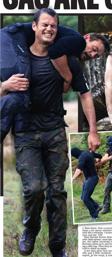  ??  ?? Gruelling ordeal: Guy is told to carry 17st interrogat­or ‘Foxy’ for a few hundred yards — and manages just half a step