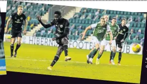  ??  ?? PAYING THE PENALTY Brown gifts Hibs a spot-kick, far left, that Nisbet misses – although Murphy scores the rebound – before going on to celebrate making it 2-0. Edouard, left, fires home from spot to half deficit