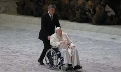  ?? ?? Pope Francis arrives in a wheelchair to attend an audience with nuns and religious superiors in the Vatican. Photograph: Alessandra Tarantino/AP