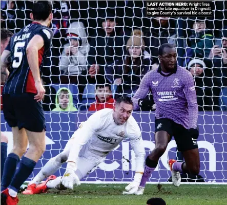  ?? ?? LAST ACTION HERO: Wright fires home the late equaliser in Dingwall to give County’s survival bid a boost