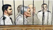  ??  ?? John Worboys, top, arriving at the High Court, and above, an artist’s impression of him flanked by guards
