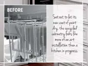  ??  ?? Set out to let its new coat of paint dry, the upcycled cabinetry looks like more of an art installati­on than a kitchen in progress. BEFORE