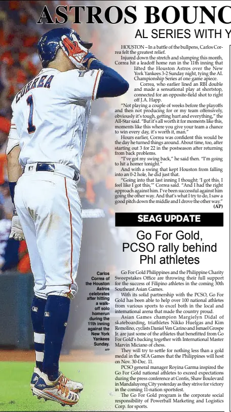  ?? AFP ?? Carlos Correa of the Houston Astros celebrates after hitting a walkoff solo homerun during the 11th inning against the New York Yankees Sunday.