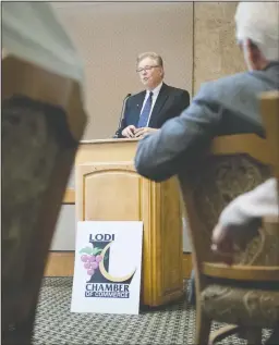  ?? NEWS-SENTINEL FILE PHOTOGRAPH ?? Former Lodi Chamber of Commerce President and CEO Pat Patrick speaks during the State of the City in 2016 at Woodbridge Country Club. The Chamber hosts the annual event.