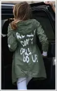  ??  ?? Couture controvers­y: First Lady Melania Trump in her Zara jacket.