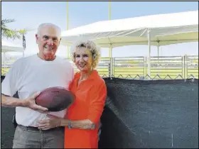  ?? Michael Gehlken Las Vegas Review-Journal ?? John King and his wife, Sandy, in the backyard of their home in Napa, Calif., which overlooks the Raiders’ training camp facility.